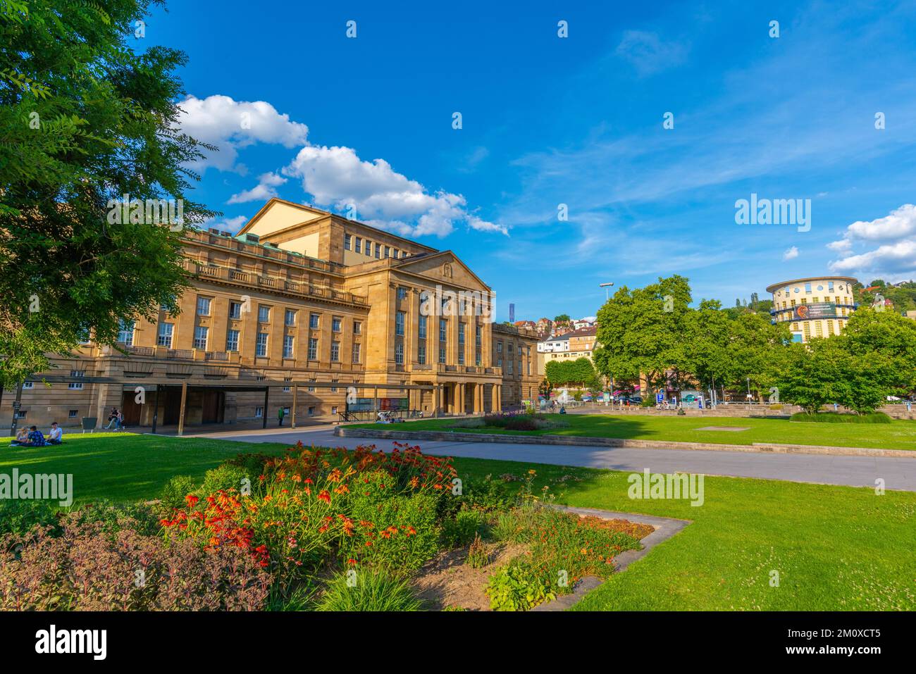 State Theatre, play, opera, ballet, Upper Palace Garden, classicism, Stuttgart, corner lake, ducks, reflection, meadow, blue sky, flowerbed, trees, Ba Stock Photo