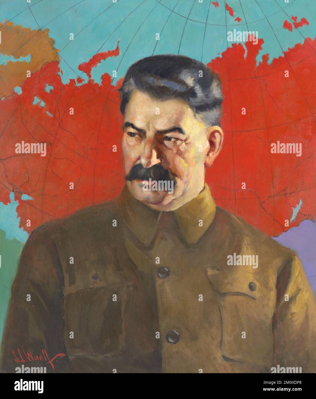 Portrait of Joseph Stalin, leader of the Soviet Union from 1924 until 1953, painting by Samuel Johnson Woolf ca. 1937. Stalin is pictured standing in front of a map of the USSR. Stock Photo