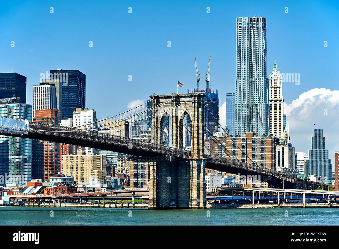 New York. Manhattan skyline. United States. Brooklyn Bridge Stock Photo