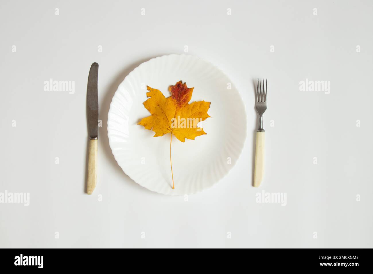 A white clean plate with a dry maple leaf and a knife with a fork lie on a white background , table setting Stock Photo