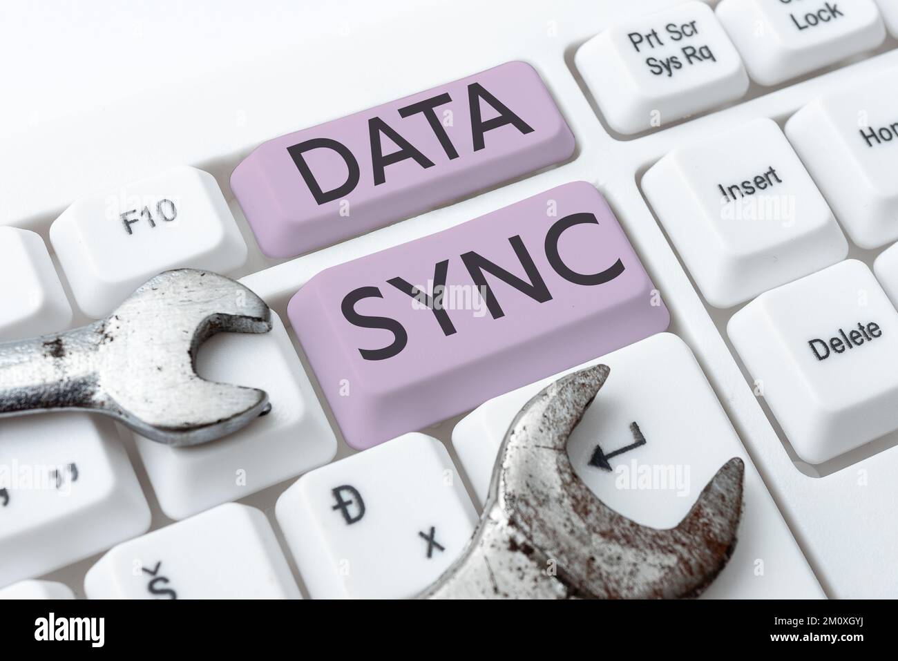 Conceptual caption Data Sync, Concept meaning data that is continuously generated by different sources Stock Photo