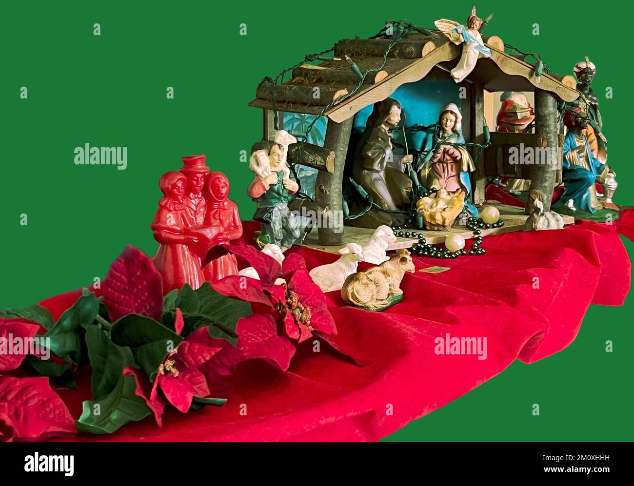 Christmas Nativity manger scene with stable, shepherds, wisemen, angel