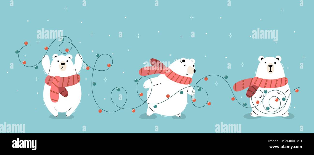 Set of three vector polar bears in orange scarves carrying garland for Christmas. Stock Vector
