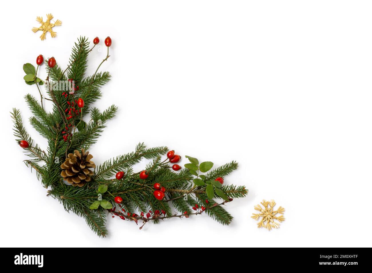 Rustic christmas corner - decoration of  green spruce, barberry twigs and wild rose fruits with straw stars Stock Photo