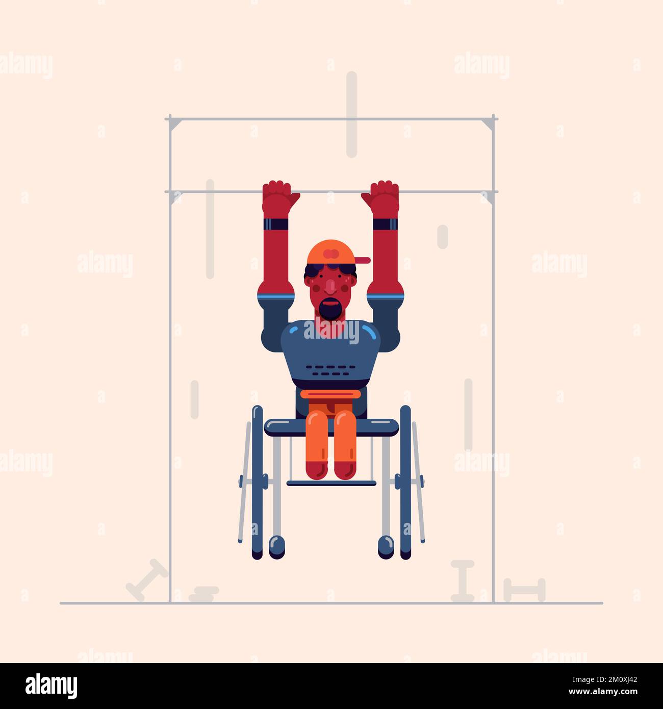 Vector illustration with one young dark skin man in wheelchair with amputated legs pulls up in gym. Stock Vector
