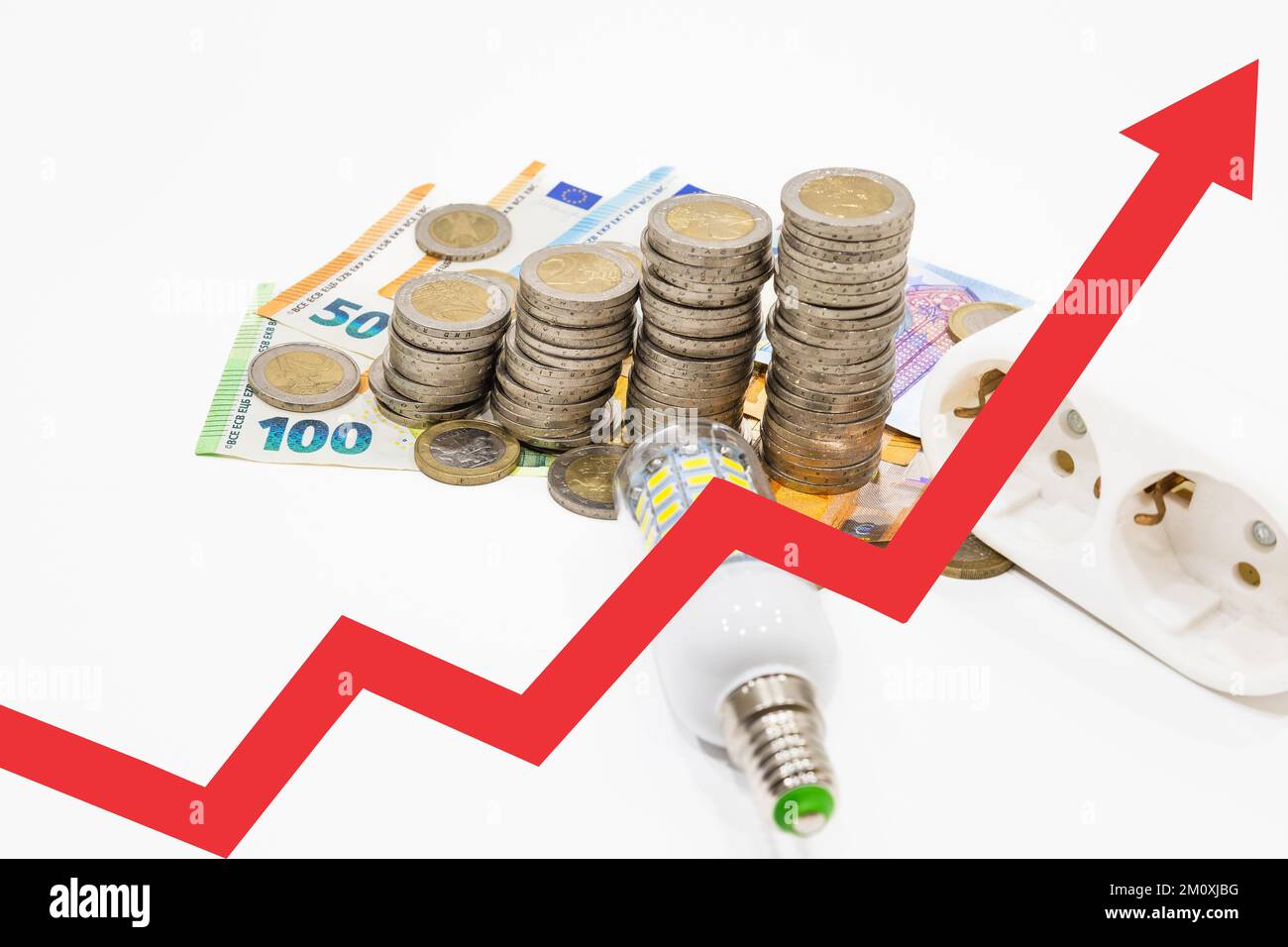 Coin stack with a growth chart. Electricity price growth. Growing