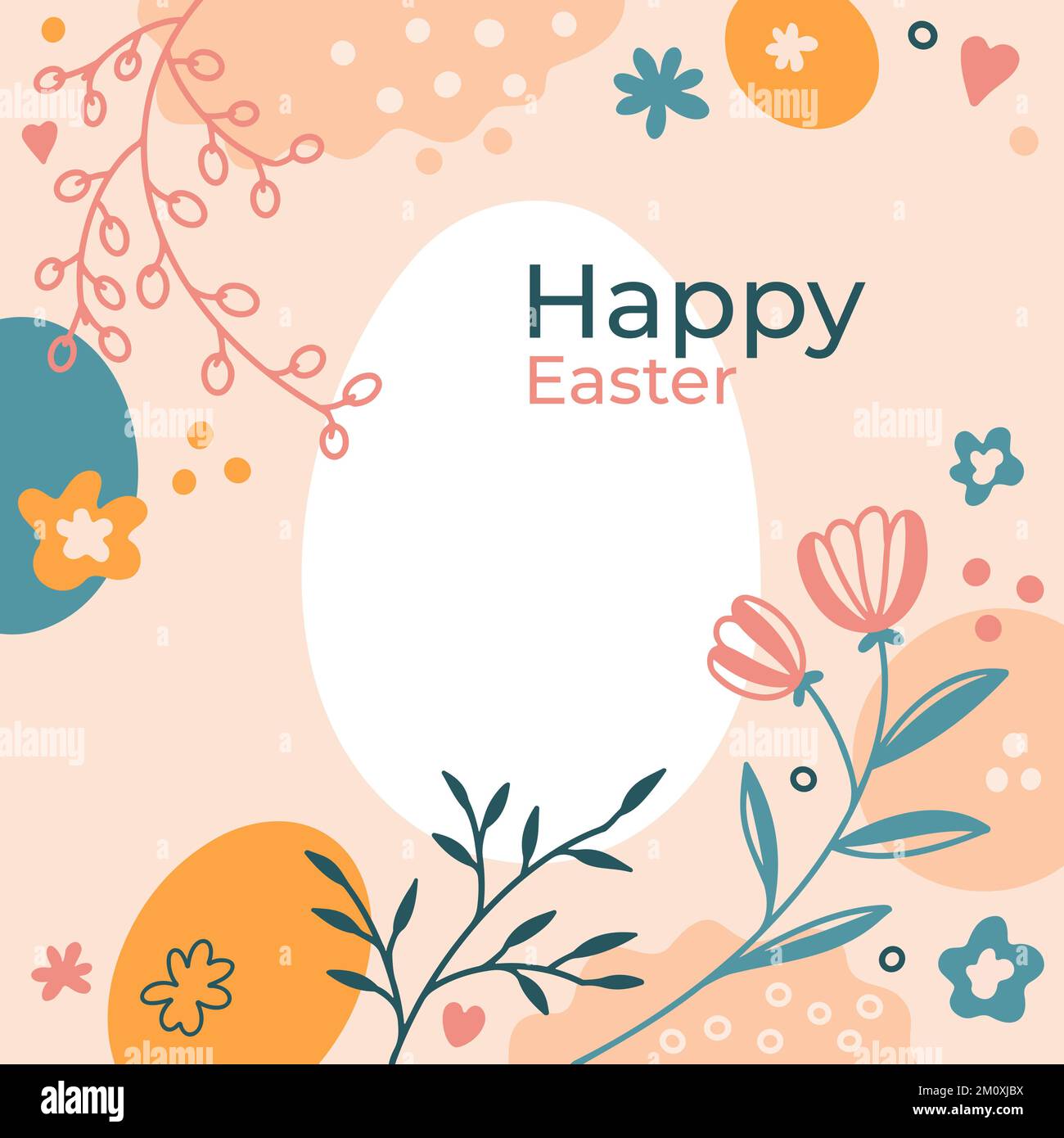 Floral Happy Easter template. Square abstract composition in pastel-colored. Stock Vector