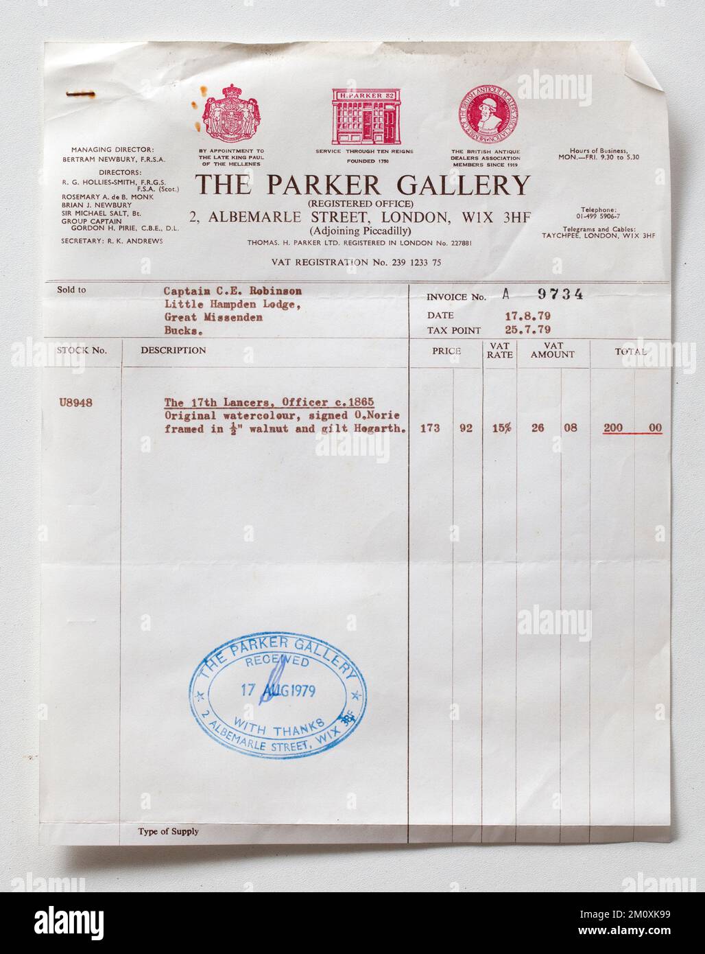 1970s Art Gallery Sales Receipt for a Watercolour Painting from The