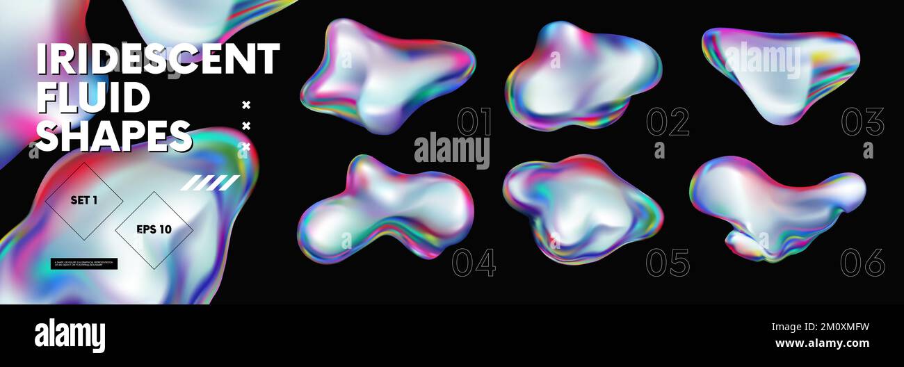 3d Fluid holographic iridescent shapes, abstract colorful bright liquid amorphous rainbow bubbles, fluorescent chameleon gradient vector elements of v Stock Vector