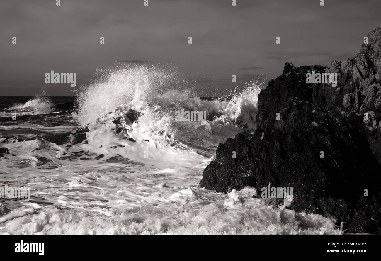 Black and white photographs of Rhosneigr on the western coast on Isle of Anglesey, North Wales UK, Autumn. Stock Photo