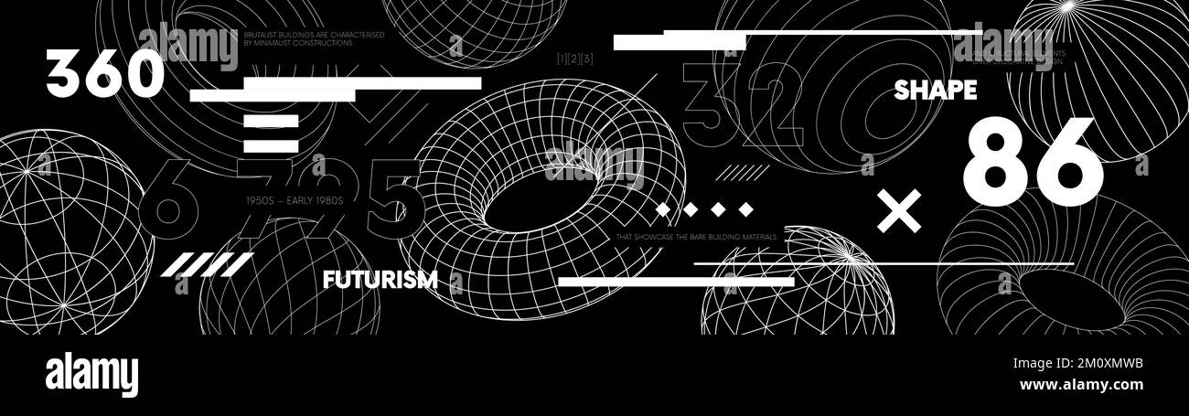 Retro futuristic web banner design with strange wireframes of geometric shapes modern design inspired by brutalism, Vector trendy elements in vaporwav Stock Vector
