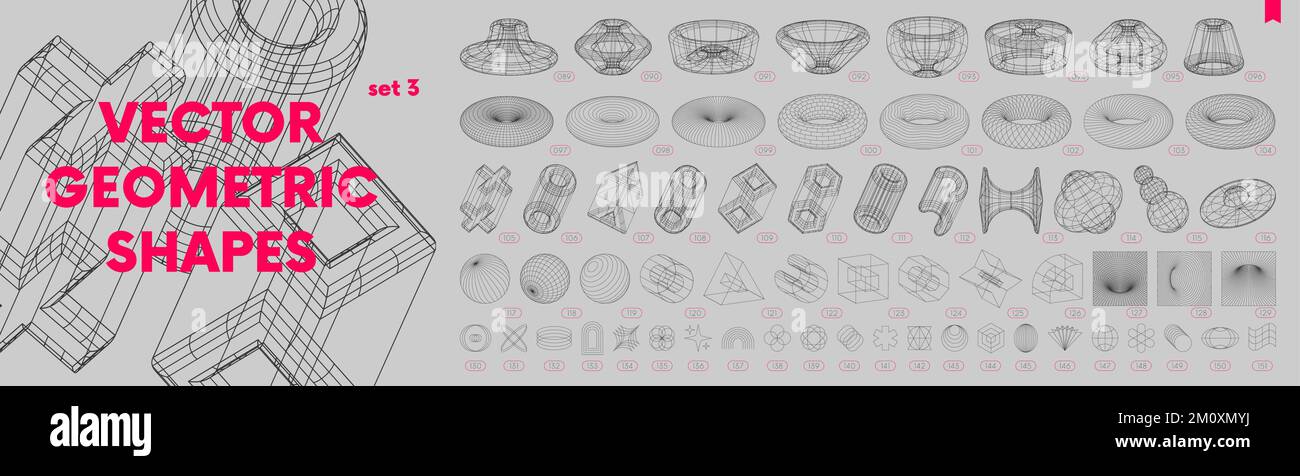 Collection of strange wireframes vector 3d geometric shapes, distortion and transformation of figure, set of different linear form inspired by brutali Stock Vector