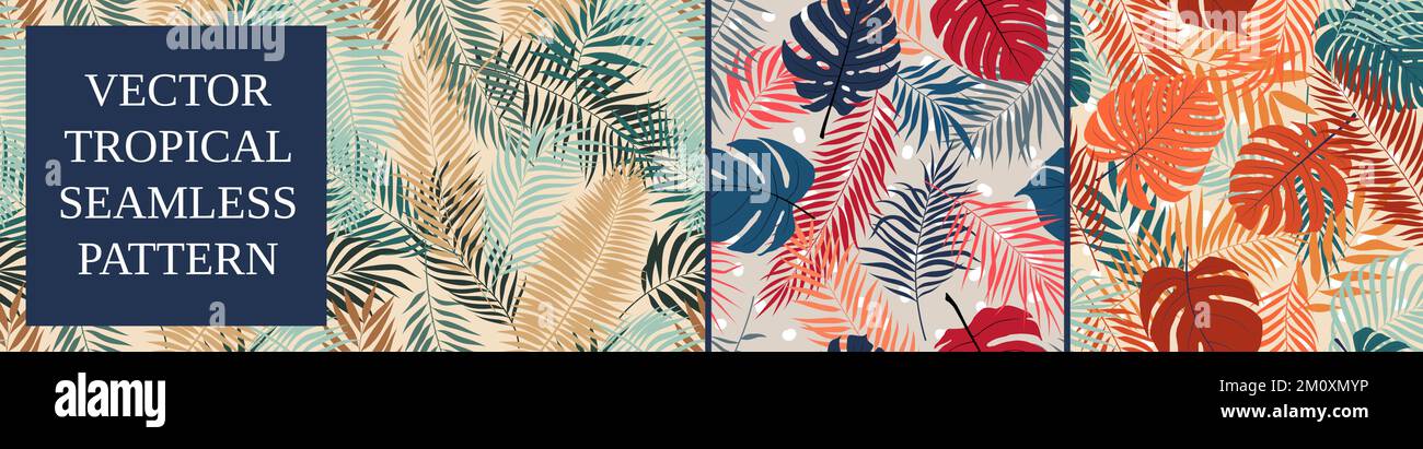 Seamless tropical pattern with monstera leaves and palm tree branches, vector botany composition summer backgrounds, set 12 Stock Vector