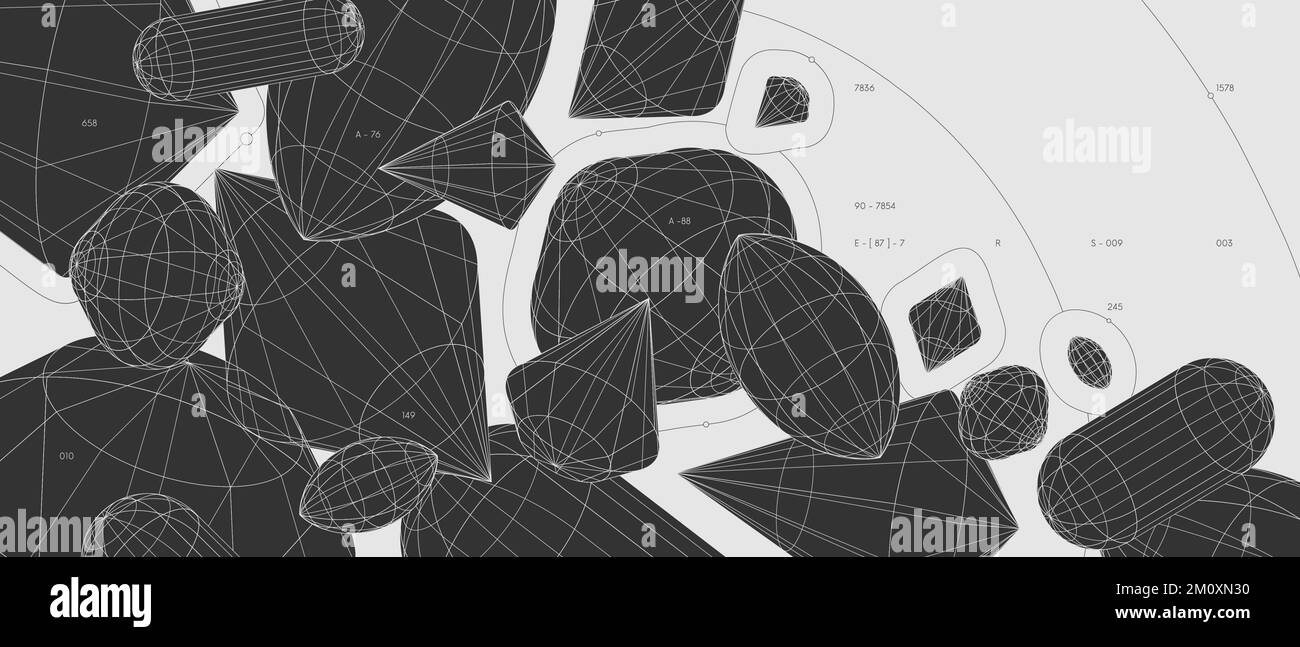 Strange abstract modern wireframes 3d geometric shapes, graphic composition design vector background, monochrome composition of figures of different s Stock Vector