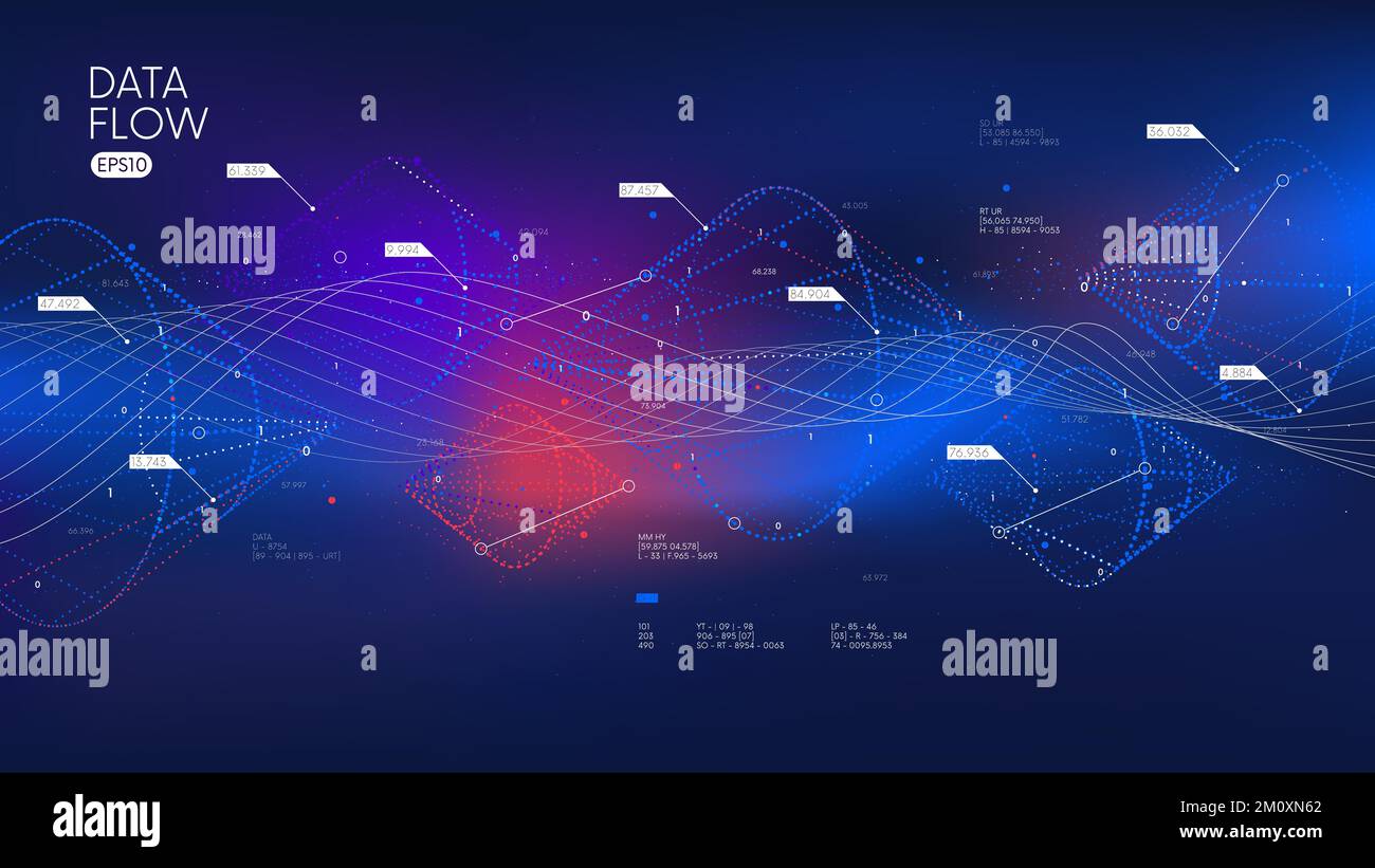 Structuring and networking from big data business information flow, revealing mathematical algorithms and machine learning, vector futuristic illustra Stock Vector