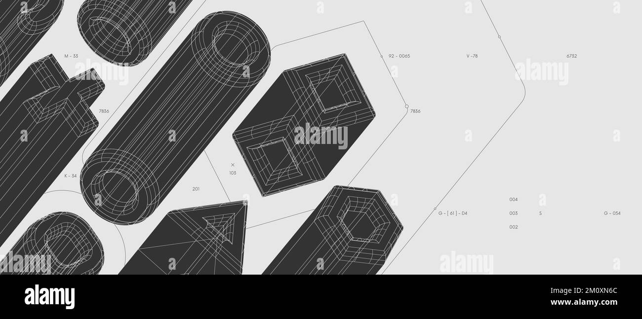 Strange abstract modern wireframes 3d geometric shapes, graphic composition design vector background, various volumetric figures in isometry, anti-des Stock Vector