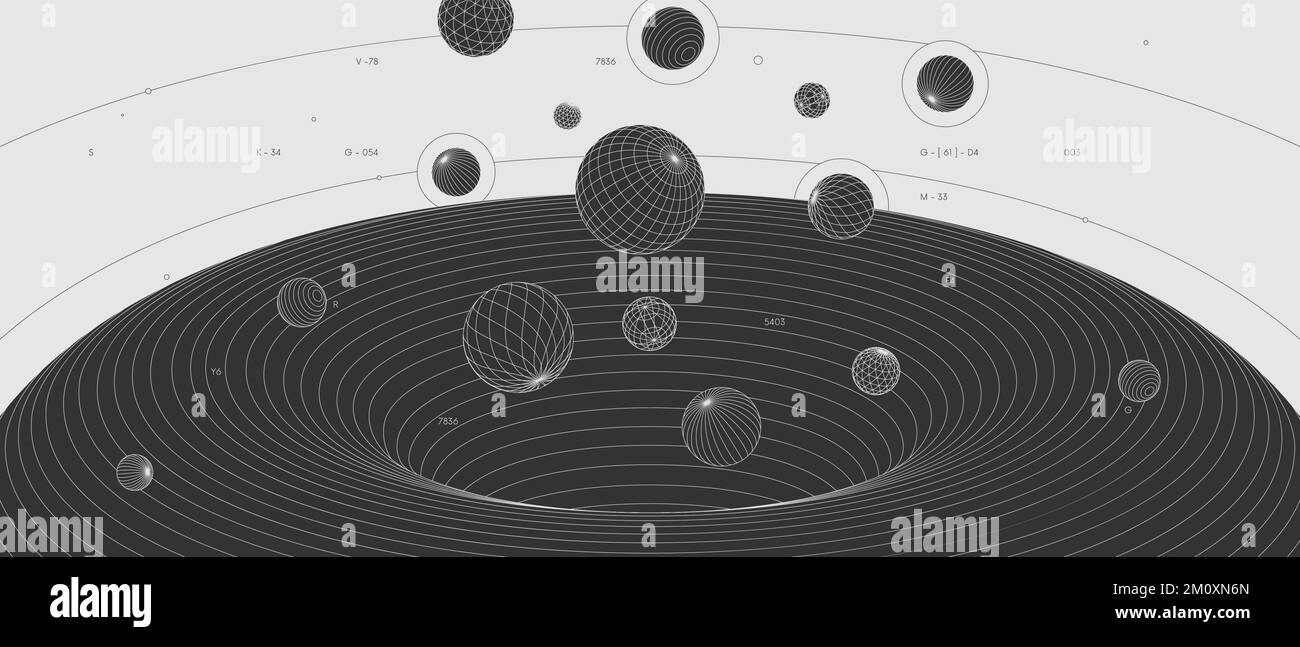 Strange abstract modern wireframes 3d geometric shapes, graphic composition design vector background, flying balls from black hole wormhole, scientifi Stock Vector