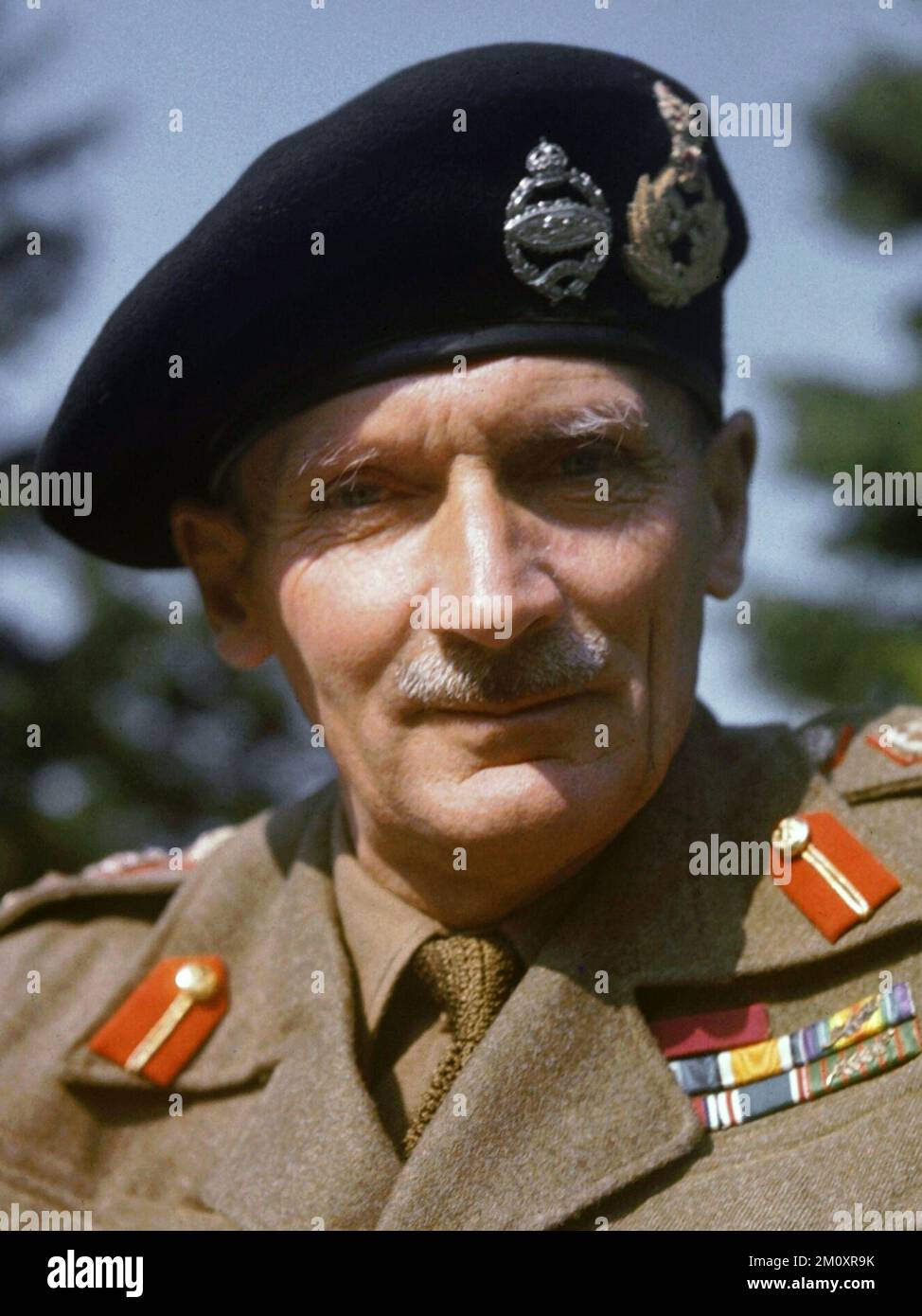 Monty, General Montgomery, General Sir Bernard Montgomery in England, 1943 Portrait of the Commander of the Eighth Army General Sir Bernard Montgomery taken during a visit to England. Field Marshal Bernard Law Montgomery, 1st Viscount Montgomery of Alamein, (1887 – 1976), nicknamed 'Monty', was a senior British Army officer who served in the First World War, the Irish War of Independence and the Second World War. Stock Photo