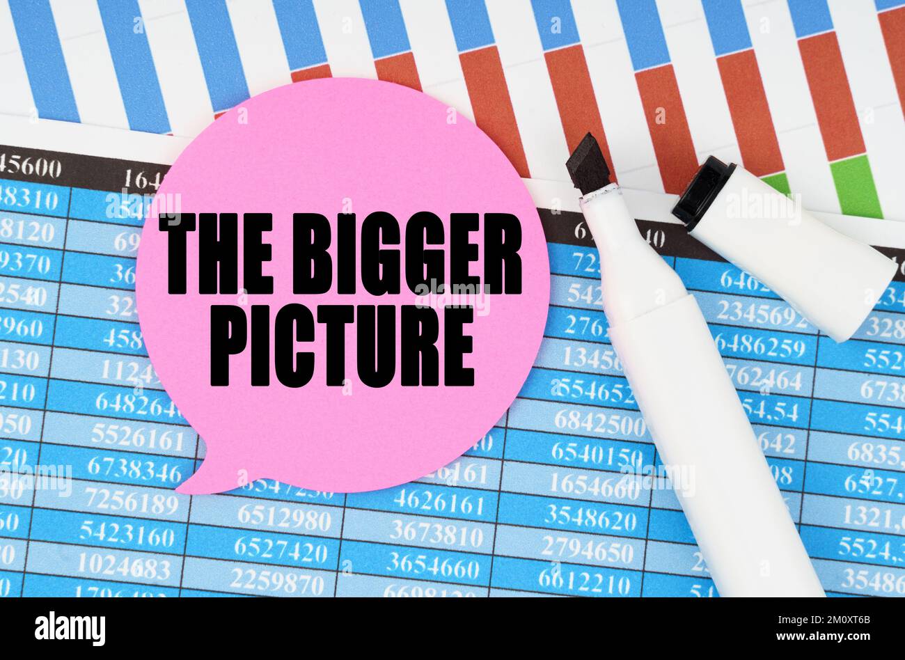Business and economics concept. On financial statements and charts there is a marker and a sticker with the inscription - THE BIGGER PICTURE Stock Photo