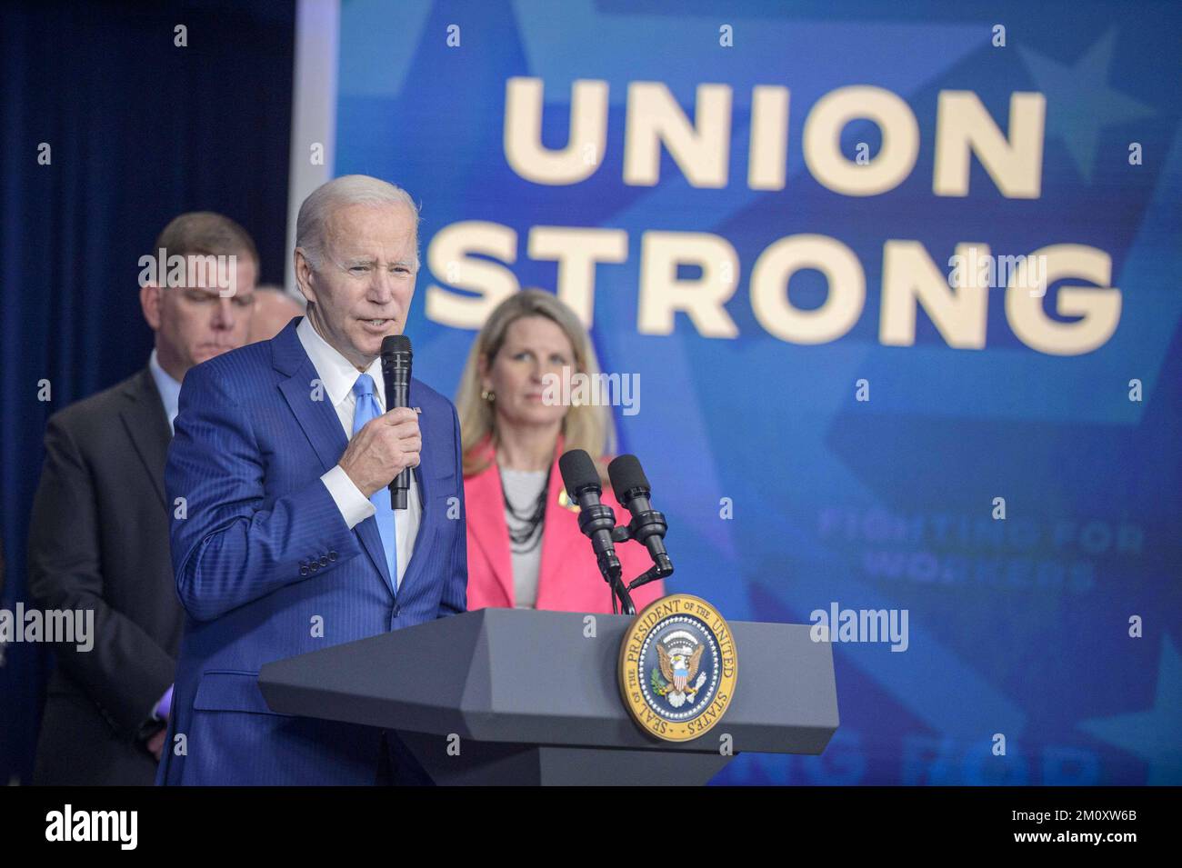 Washington, United States. 08th Dec, 2022. President Joe Biden speaks during a press conference on building a stronger economy for union workers and retirees in the South Court Auditorium at the White House in Washington, DC on Thursday, December 8, 2022. President Biden announce $36 billion for the Central States Pension Fund, preventing drastic cuts to the hard-earned pensions of over 350,000 union workers and retirees. Photo by Bonnie Cash/UPI Credit: UPI/Alamy Live News Stock Photo