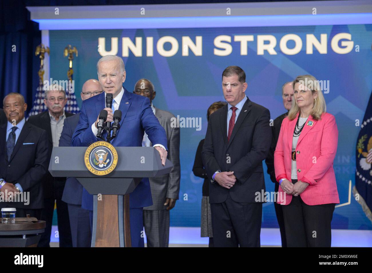 Washington, United States. 08th Dec, 2022. President Joe Biden speaks during a press conference on building a stronger economy for union workers and retirees in the South Court Auditorium at the White House in Washington, DC on Thursday, December 8, 2022. President Biden announce $36 billion for the Central States Pension Fund, preventing drastic cuts to the hard-earned pensions of over 350,000 union workers and retirees. Photo by Bonnie Cash/UPI Credit: UPI/Alamy Live News Stock Photo