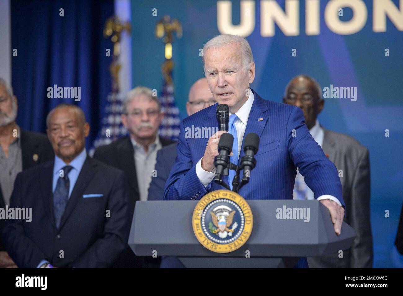 Washington, United States. 08th Dec, 2022. President Joe Biden speaks during a press conference on building a stronger economy for union workers and retirees in the South Court Auditorium at the White House in Washington, DC on Thursday, December 8, 2022. President Biden announce $36 billion for the Central States Pension Fund, preventing drastic cuts to the hard-earned pensions of over 350,000 union workers and retirees. Photo by Bonnie Cash/UPI Credit: UPI/Alamy Live News Stock Photo