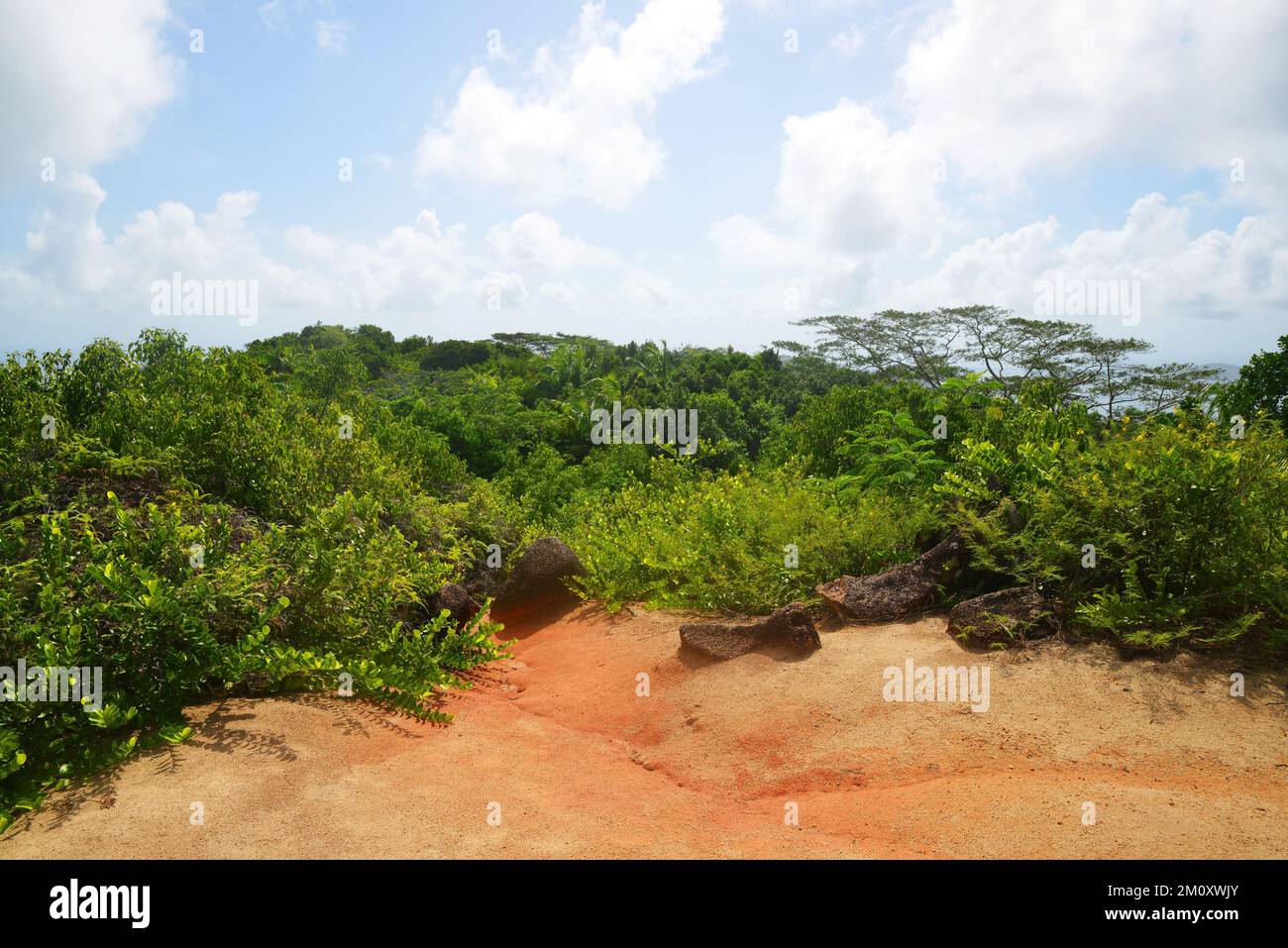 View from mountain Nid d'Aigle in the La Digue island, Seychelles. Stock Photo