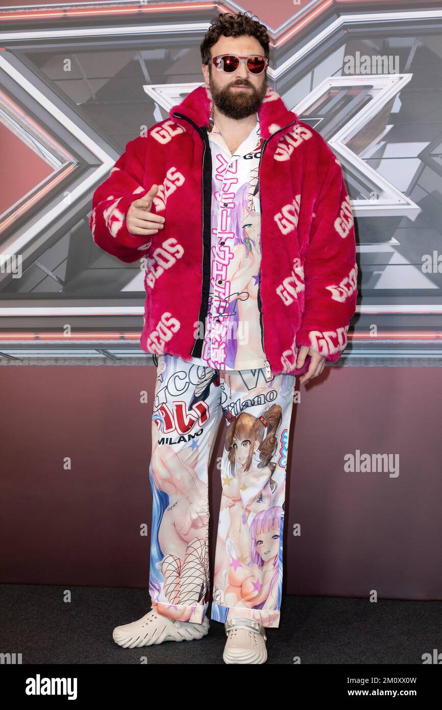 MILAN, ITALY - Dec 6, 2022 : Singer Dargen D Amico attends the press conference of X Factor Italy Final 2022 at Forum Assago in Milan, Italy. Stock Photo