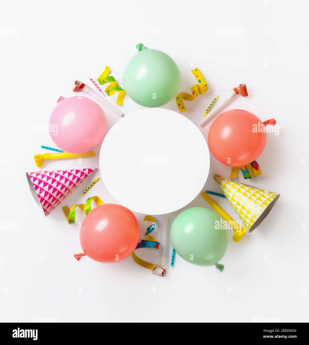 Frame of balloons and various party decorations. Abstract party decoration background top view Stock Photo