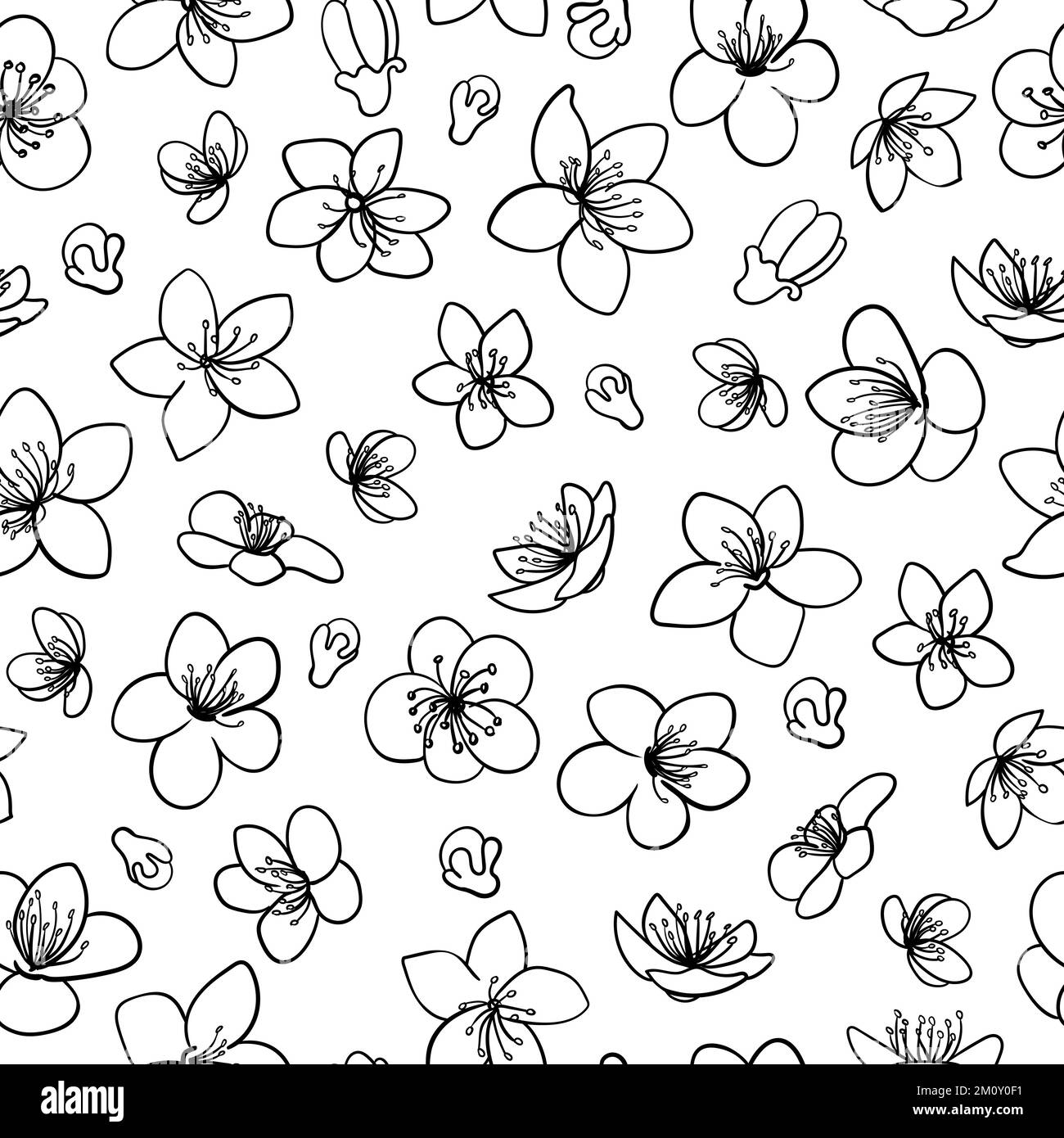 Spring blossom flowers black line isolated vector seamless pattern ...