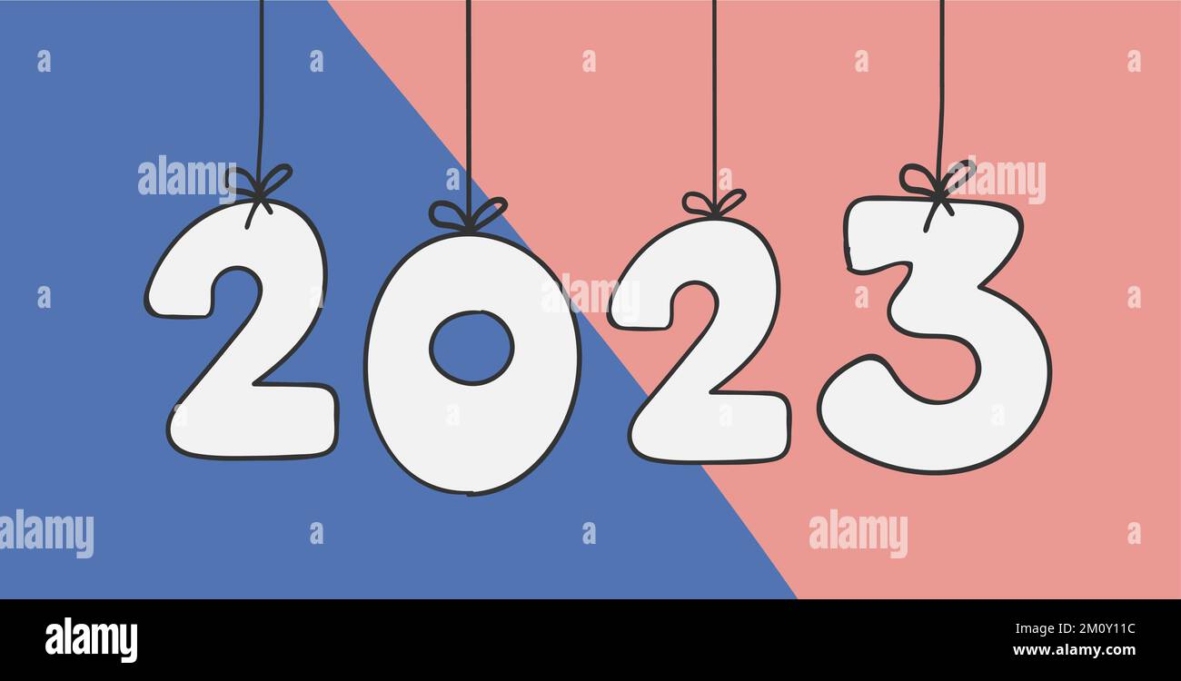 White text 2023 holiday word hanging on the ropes. Happy new year. Stock Vector