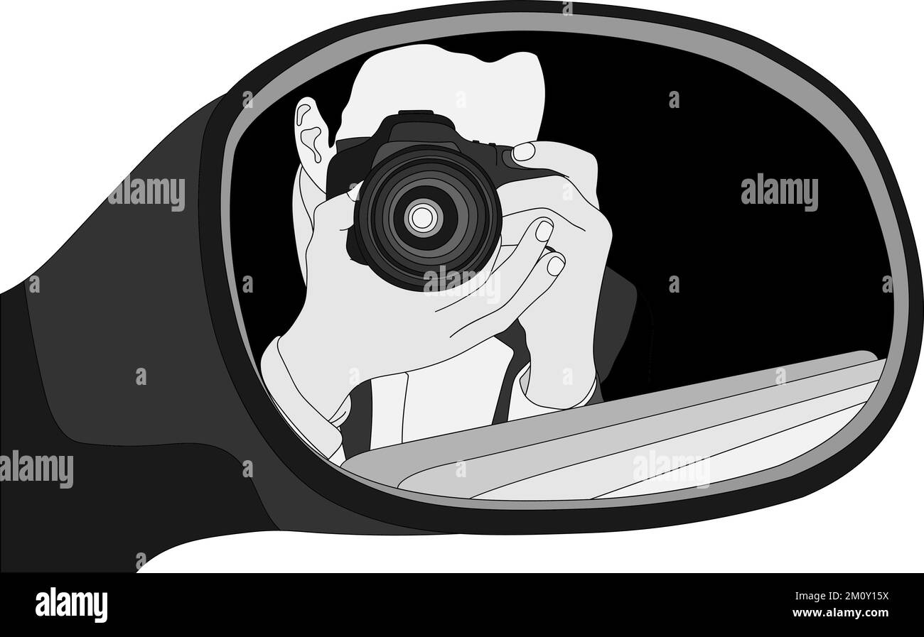 Photographer in the side view mirror black and white vector