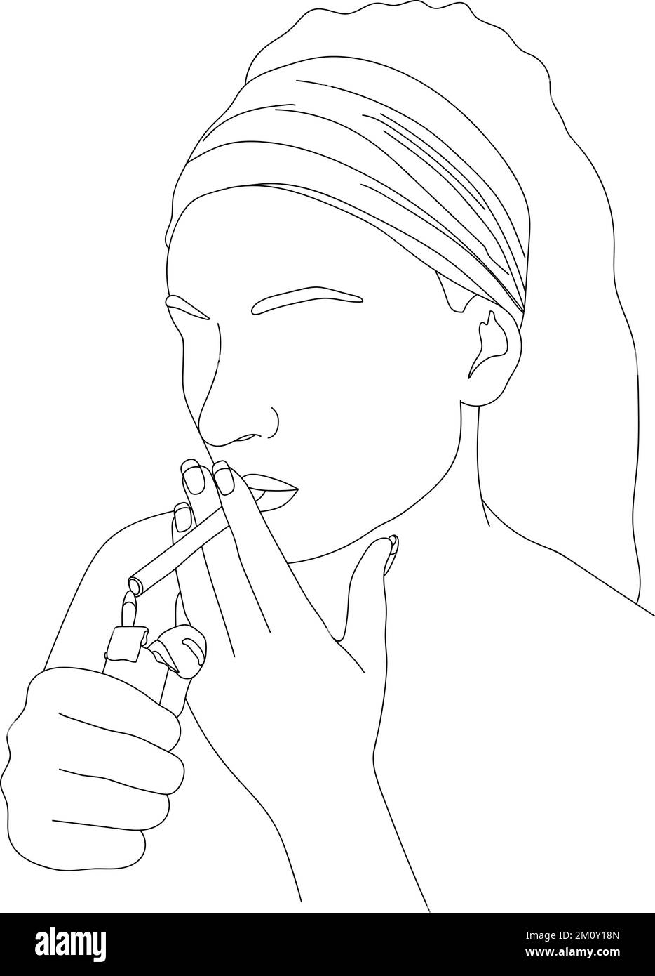 Woman lighting cigarette line art isolated vector illustration Stock