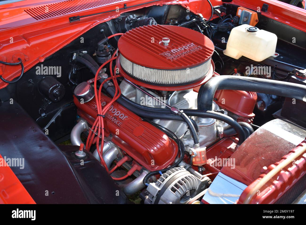 A Hot Rod Chrysler Dodge Engine at a car show. Stock Photo