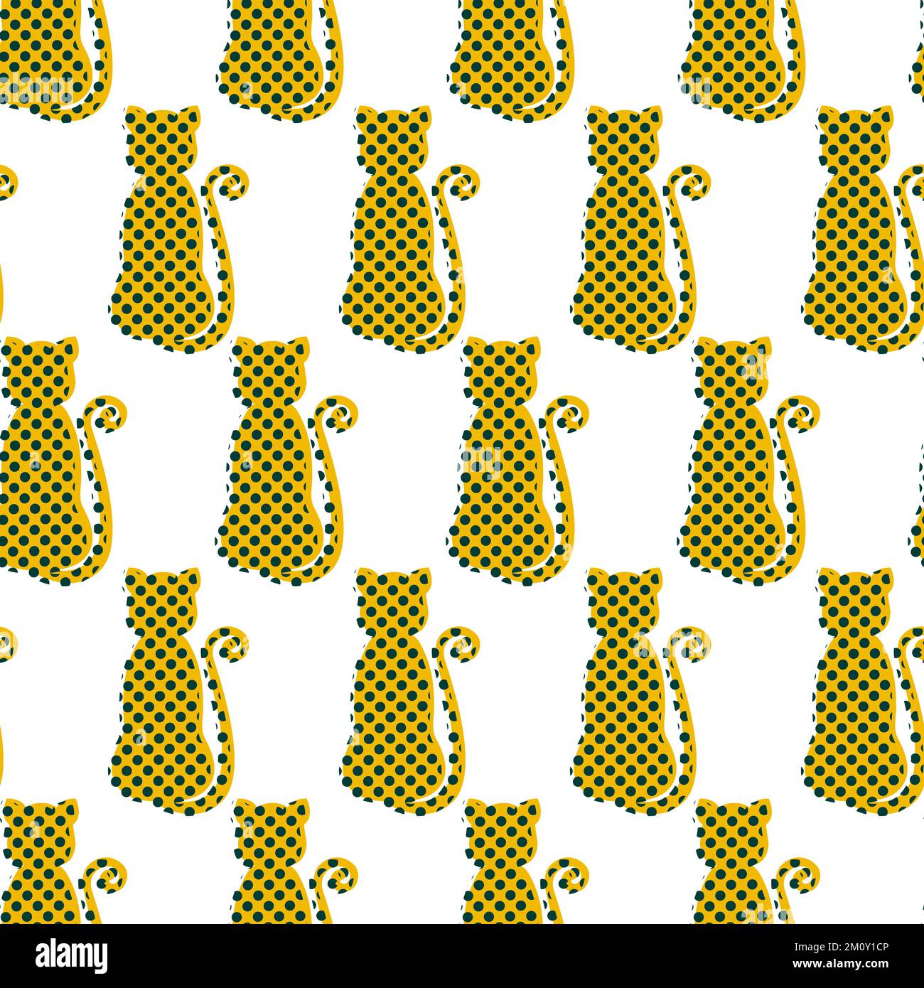 Yellow cats silhouettes with dots vector seamless pattern Stock Vector