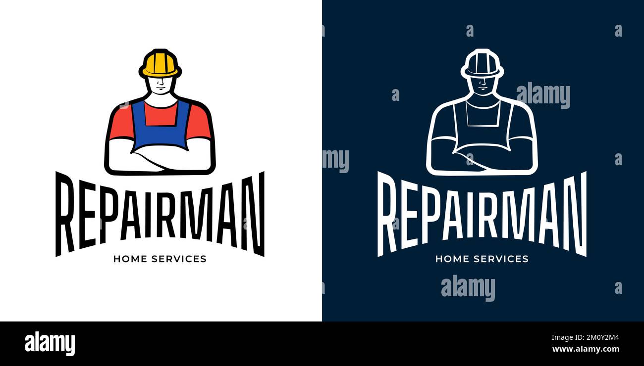 Repairman home service logo set. Handyman male logotype. Building repair business brand identity symbol. Construction and maintenance industry badge design. Mechanic workshop man insignia. Vector eps Stock Vector