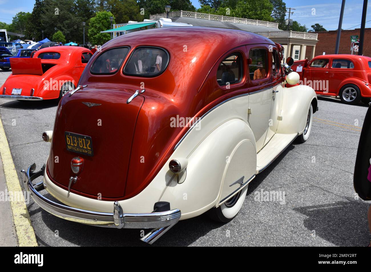 A 1937 Chrysler Royal on display at a Car Show. Stock Photo