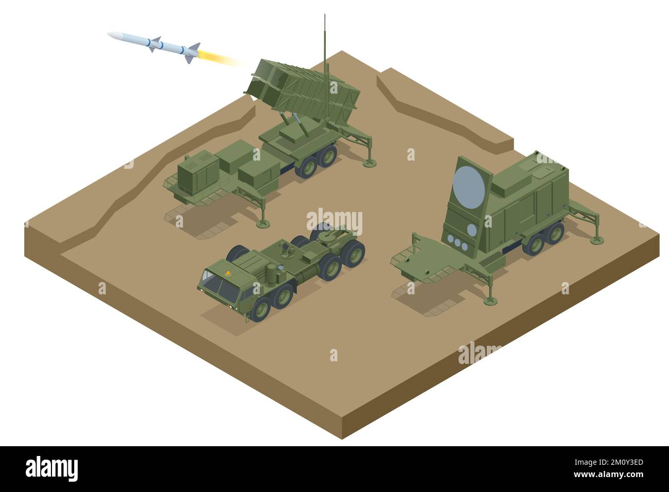 Isometric Mobile surface-to-air missile or anti-ballistic missile system MIM-104 Patriot. American surface-to-air missile system developed by Raytheon Stock Vector
