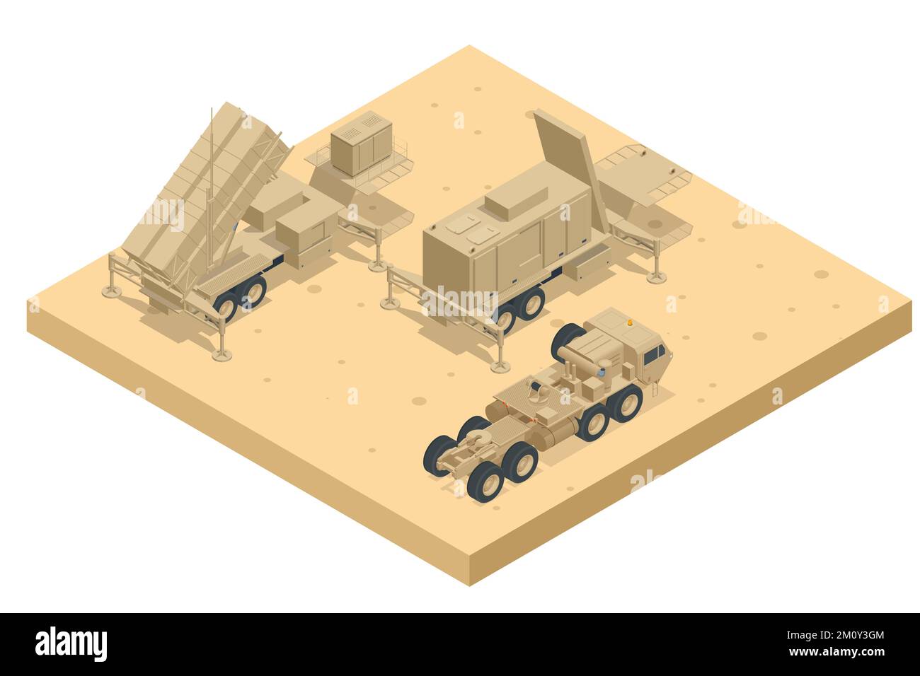 Isometric Mobile surface-to-air missile or anti-ballistic missile system MIM-104 Patriot. American surface-to-air missile system developed by Raytheon Stock Vector