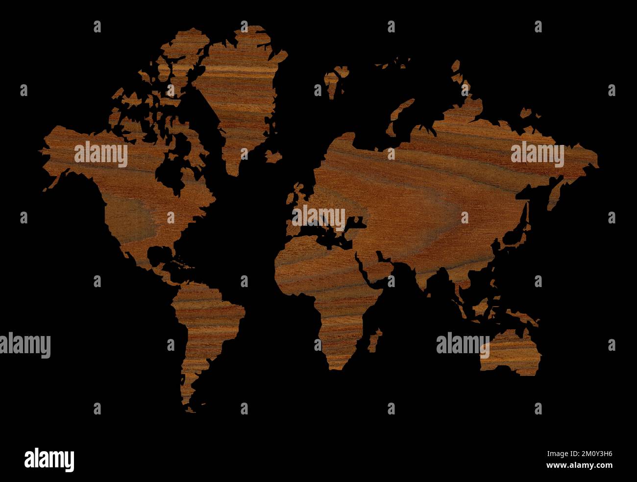 Detailed decorative world map cut from wood texture rosewood, transparent world map showing continents, isolated on black background Stock Photo