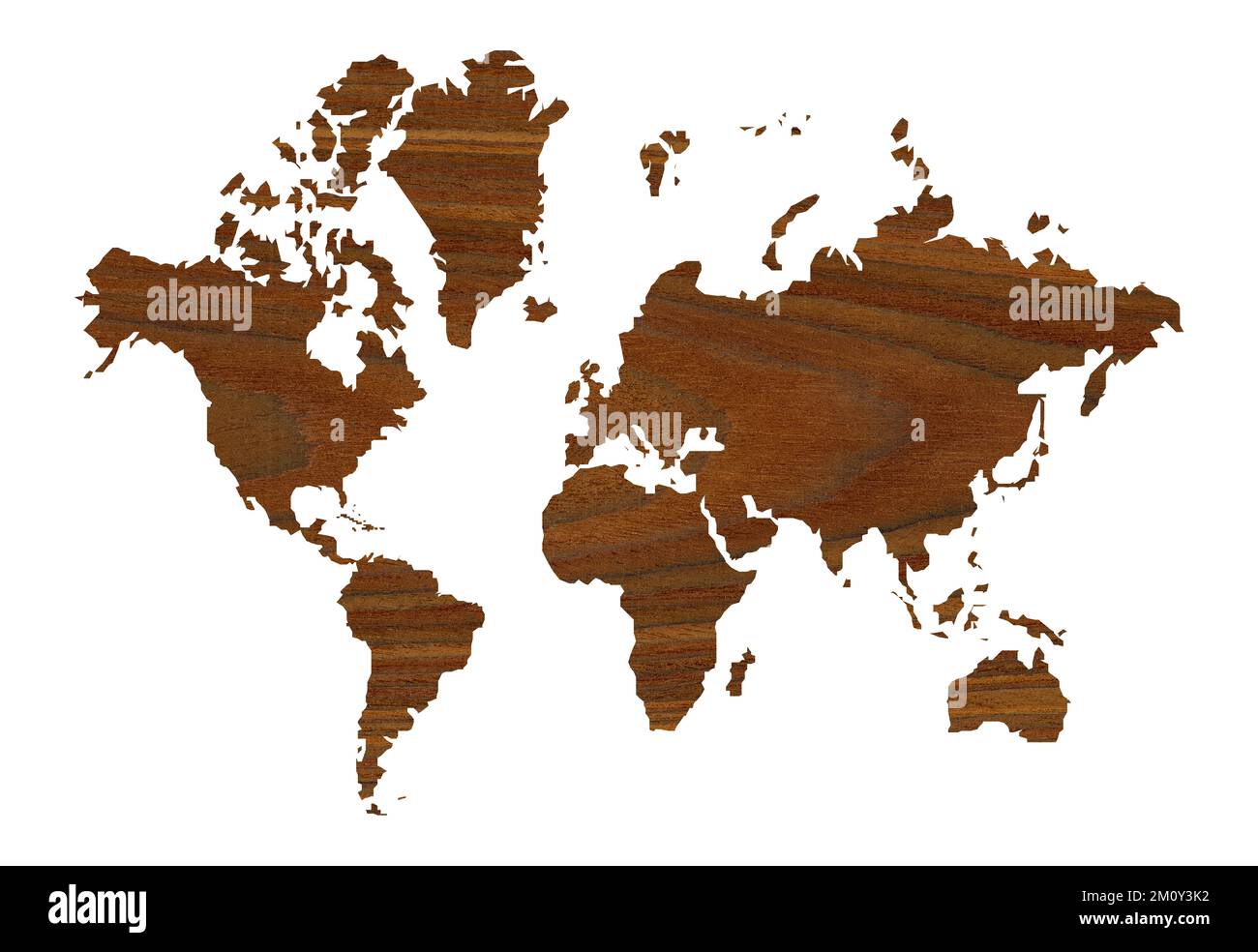 Detailed decorative world map cut from wood texture rosewood, transparent world map showing continents, isolated on white background Stock Photo