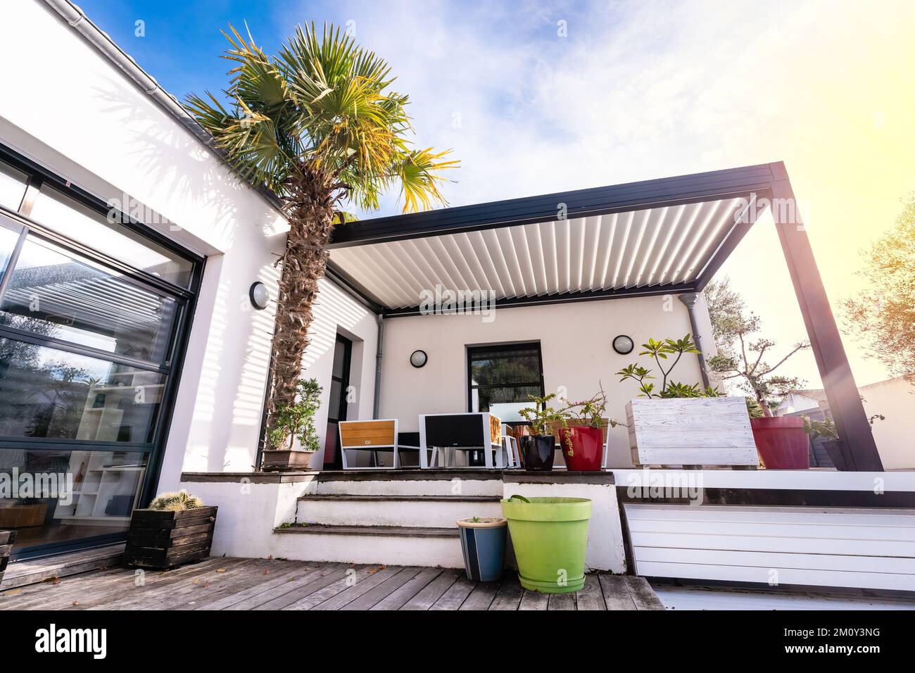 Trendy outdoor patio pergola shade structure, awning and patio roof