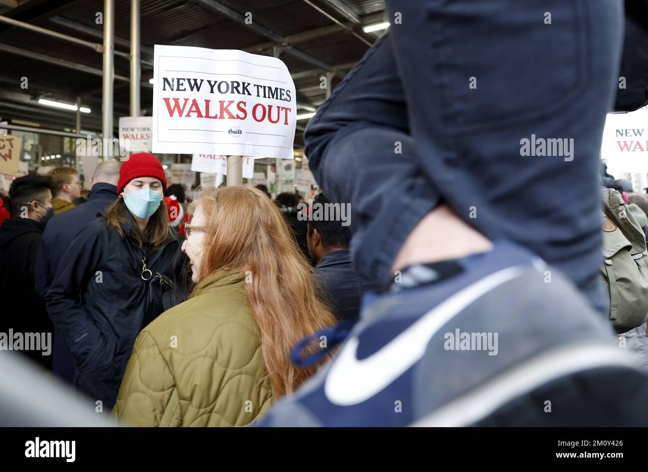 New York, United States. 08th Dec, 2022. New York Times employees hold up signs after a walk out of the New York Times offices when they hold a one day strike in New York City on Thursday, December 8, 2022. Reporters and editors at The New York Times began a one-day strike on Thursday due to contract disputes. Photo by John Angelillo/UPI Credit: UPI/Alamy Live News Stock Photo
