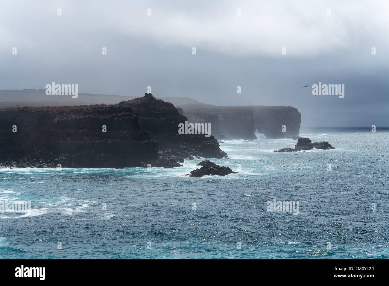 Cliffs and bird watching spot of Punta Suarez on cloudy day by Pacific Ocean, Espanola island, Galapagos national park, Ecuador. Stock Photo