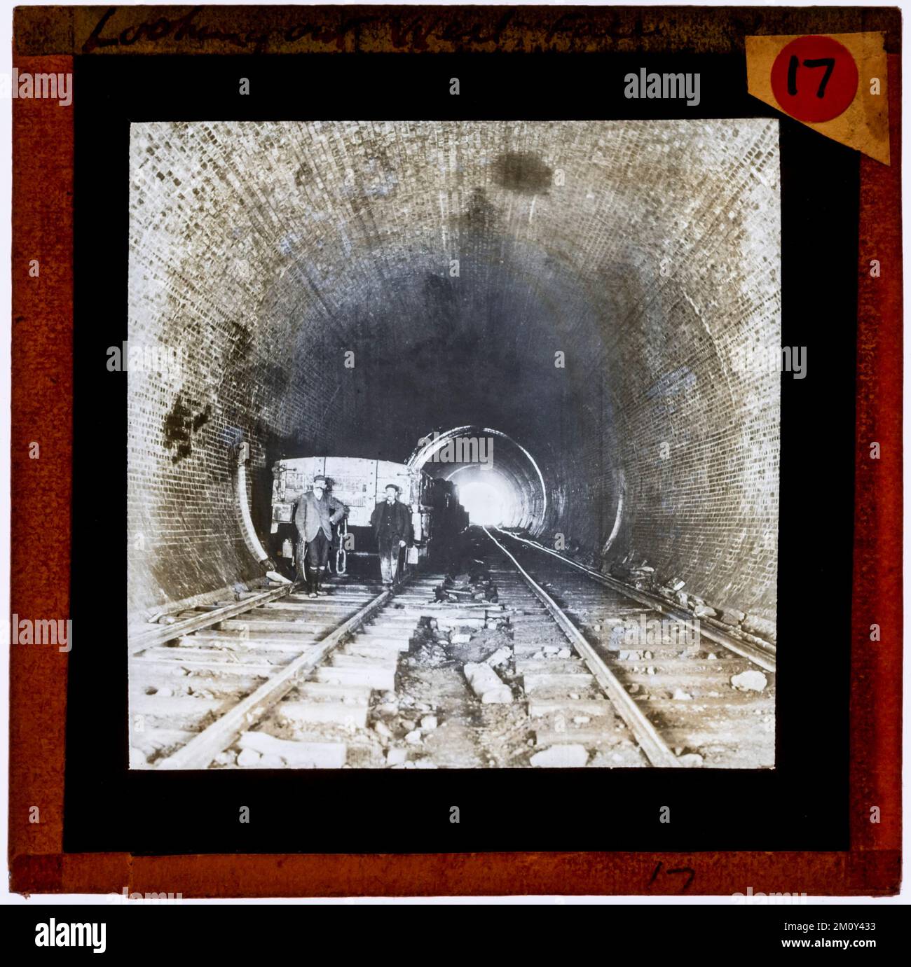 Digitised archive copy of an original glass Magic Lantern slide.  Photographer unknown.  Shows workers during construction of Chipping Sodbury Tunnel on the Great Western Railway.  Now part of the South Wales Main Line.  c 1900. Stock Photo