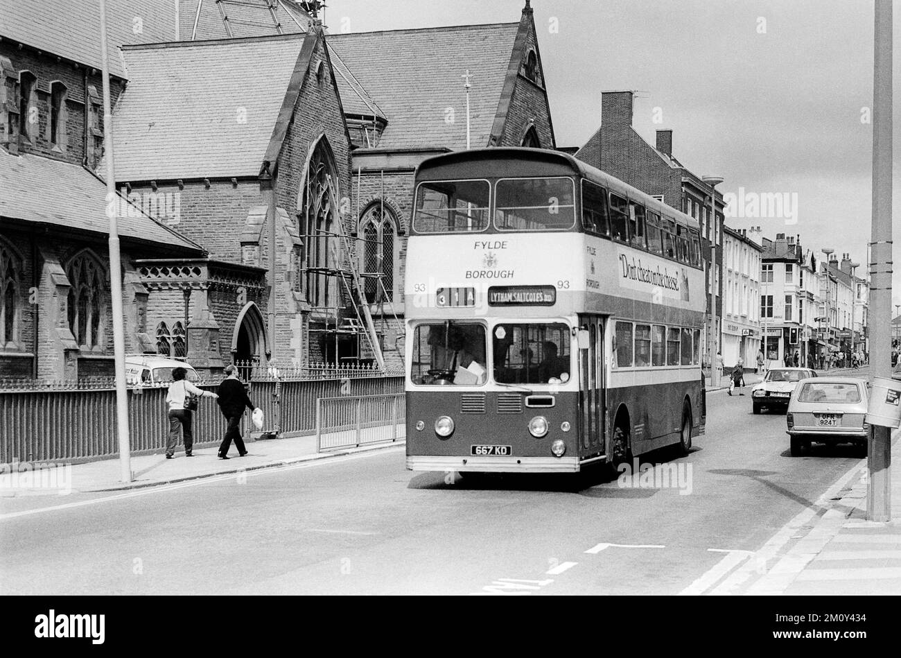 Black & white archive image of Talbot Road, Blackpool,  Lancashire.  Fylde Borough double-decker bus passing the Sacred Heart Catholic church.  Believed to be late-1970s or early-1980s. Stock Photo
