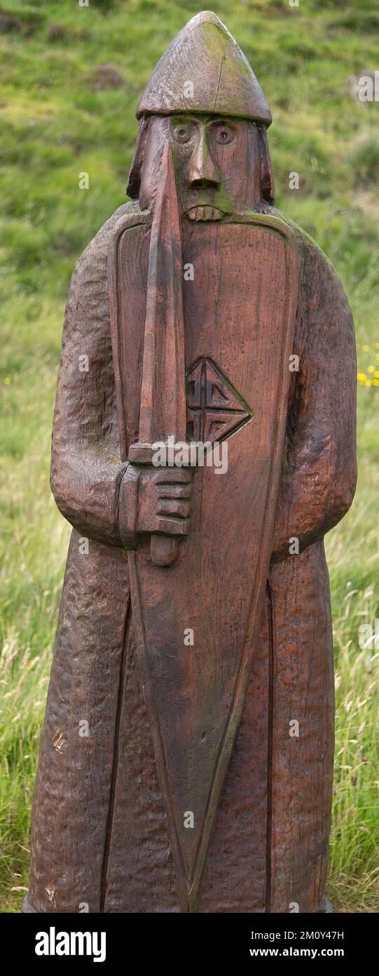 Lewis Chessman with Sword and Shield at  Abhainn Dearg Distillery, Carnish, Isle of Lewis, Outer Hebrides, Western Isles, Scotland, United Kingdom Stock Photo