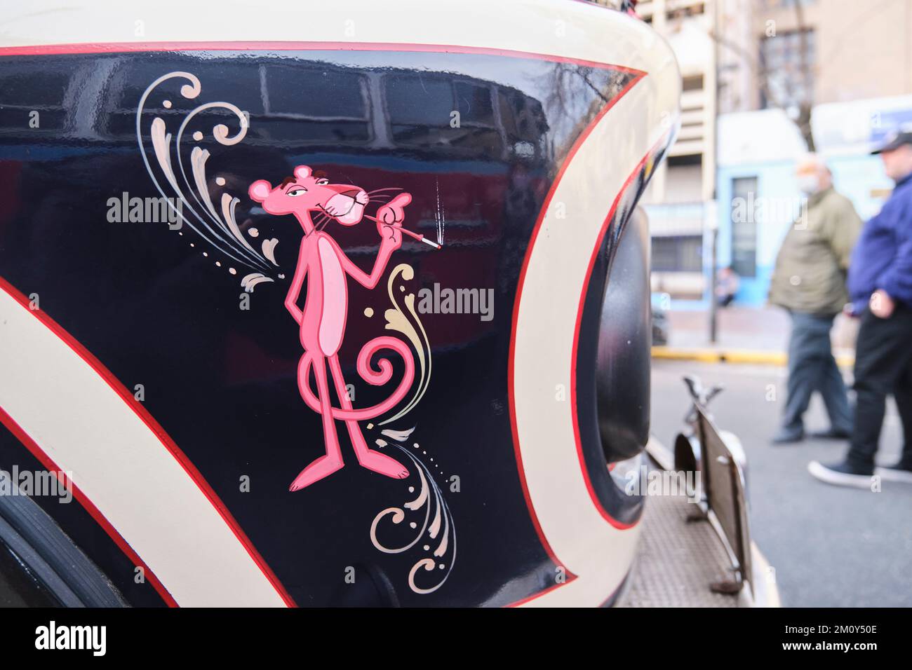 Buenos Aires, Argentina, June 20, 2022: Drawing of the Pink Panther character in fileteado porteño style, intangible heritage of humanity, on the side Stock Photo