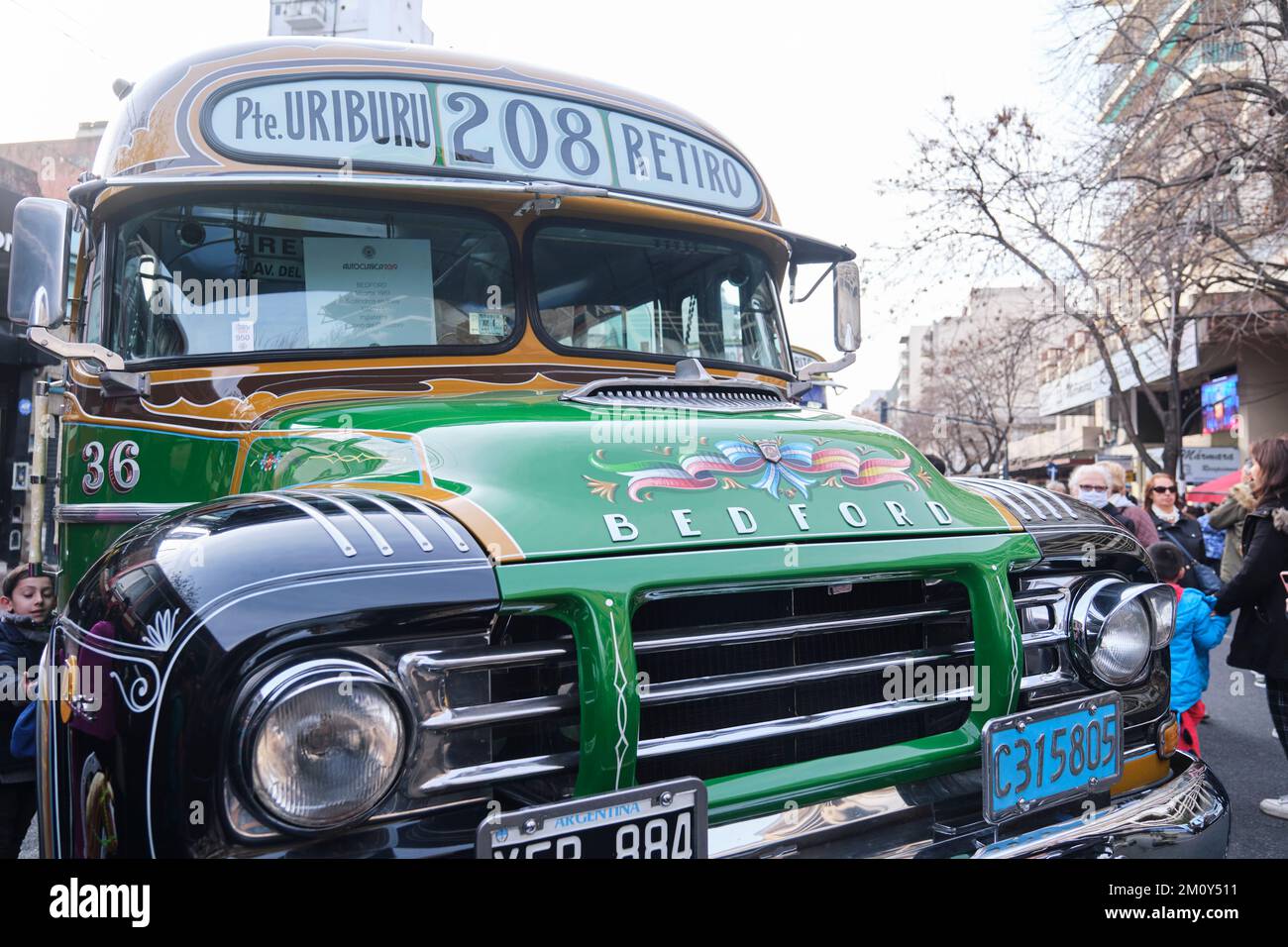 Buenos Aires, Argentina, June 20, 2022: Green Bedford Alcorta 1961 old vintage bus for public transport, line 208, painted with fileteado porteño styl Stock Photo