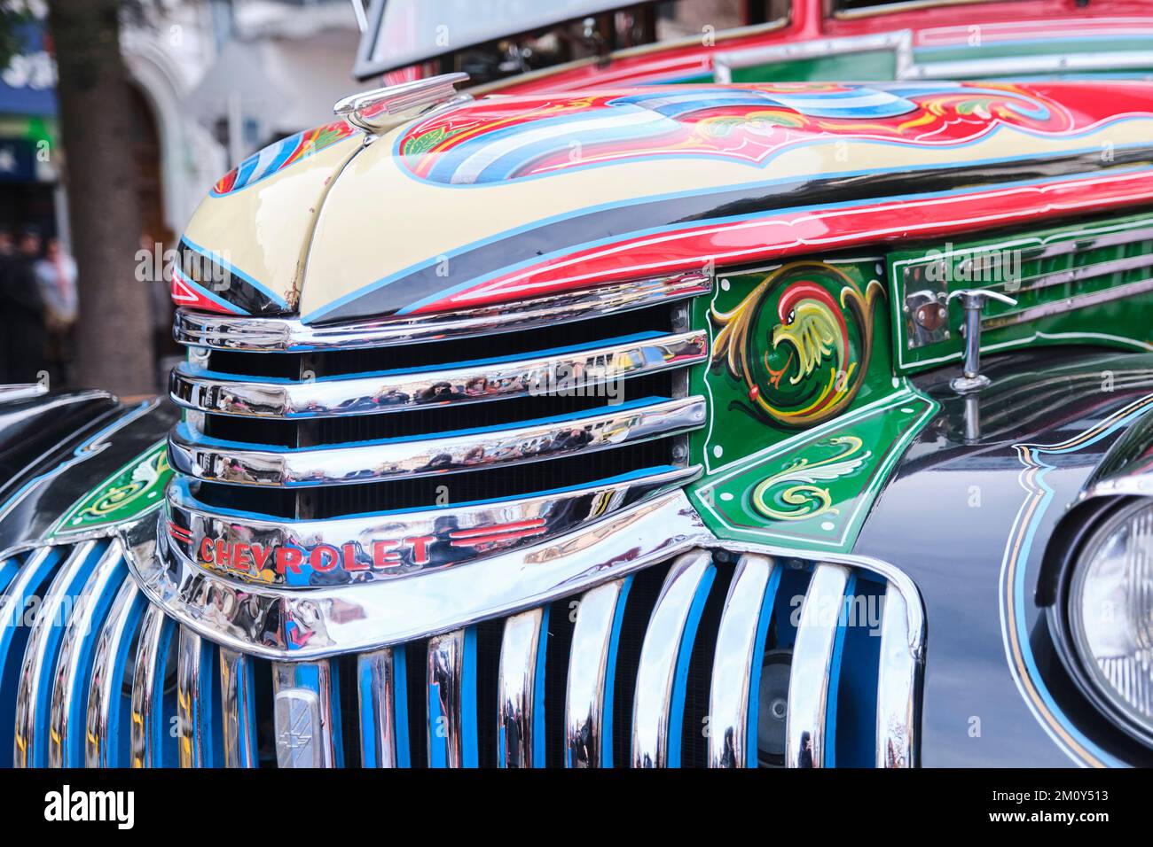 Buenos Aires, Argentina, June 20, 2022: close up view of the front, hood and grill, of a restored classic 1942 Chevrolet bus, used for public passenge Stock Photo